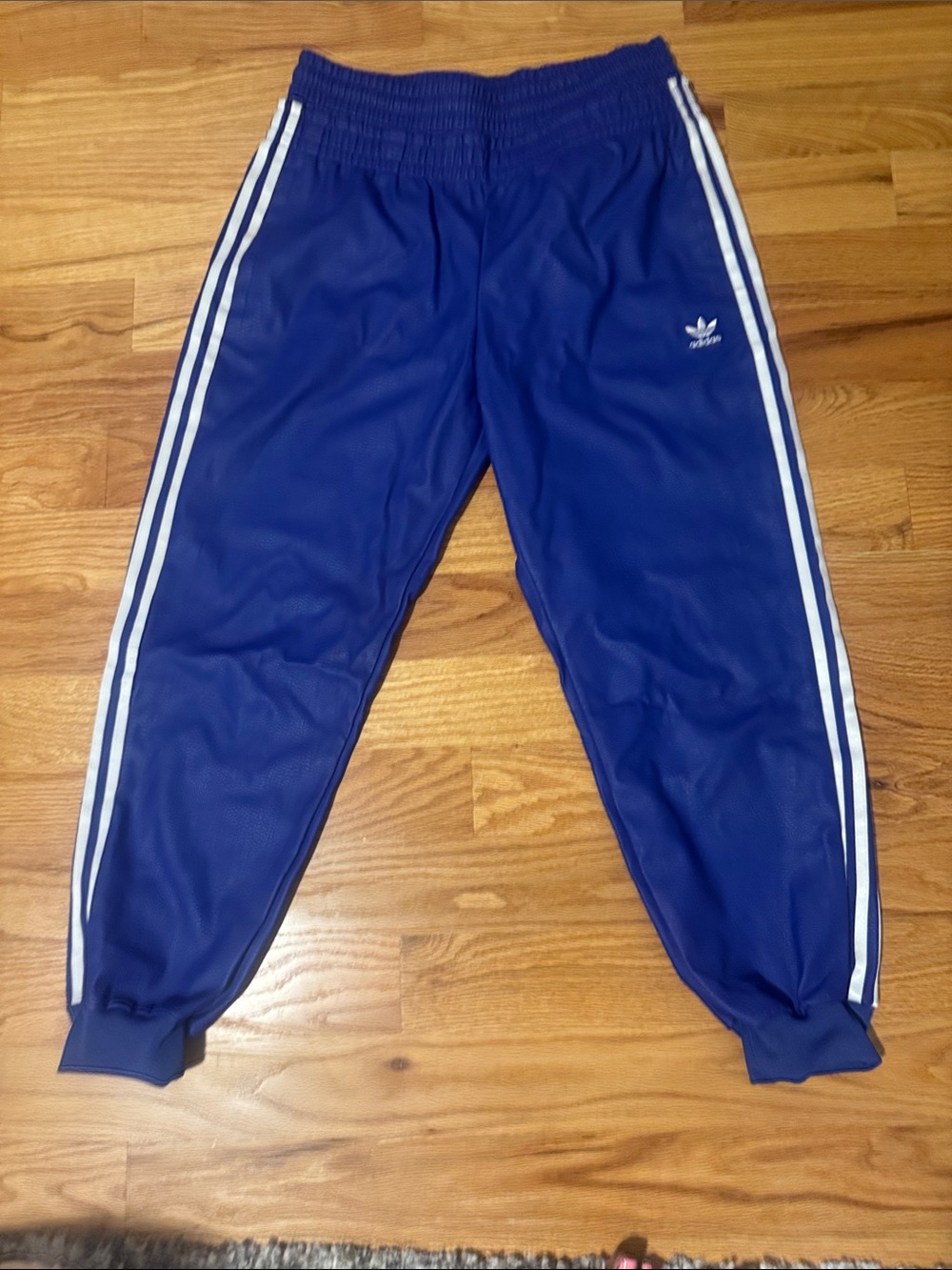 Adidas Originals Blue Faux  Leather Track Pants with White Side Stripes